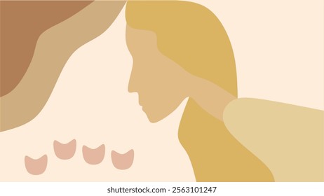 This image features a minimalist abstract design of a blonde woman's profile against a beige background with earthy brown shapes and small pink forms resembling flowers or petals The style is calm and