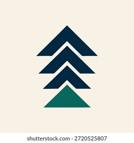 Esta Imagen presenta un símbolo abstracto minimalista centrado en un fondo beige claro. El diseño consta de cuatro Formas triangulares apiladas, apuntando hacia arriba, dispuestas verticalmente, creando una clara sensación de dirección y crecimiento. Los tres triángulos superiores se representan en un tono azul marino oscuro, mientras que el triángulo inferior aparece en un tono verde azulado ligeramente más profundo, conectando visualmente a tierra la composición.

Los triángulos ascendentes repetidos forman una estructura que puede interpretarse como pasos, marcadores de progreso o una forma estilizada de árbol, que simboliza el crecimiento, la estabilidad, la ambición y el movimiento ascendente. El diseño general es simétrico y equilibrado, con un generoso espacio negativo que mejora la claridad y el impacto visual.

La limitada paleta de colores y la simplicidad geométrica le dan al diseño una sensación moderna y profesional, lo que lo hace adecuado para la marca, los conceptos de logotipo, la identidad empresarial, las imágenes de inicio, los temas de liderazgo, los proyectos orientados al crecimiento y las aplicaciones digitales o impresas limpias.