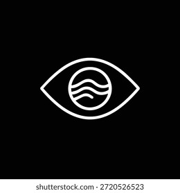 This image features a minimalist abstract eye symbol created with clean white line art on a solid black background. The eye is front-facing and simplified in form, using smooth curves and balanced proportions. Inside the iris, a wave-like pattern is integrated, symbolizing flow, awareness, and perception. The high-contrast black and white design emphasizes clarity, focus, and modern aesthetics. This design is well-suited for use in branding, logos, app icons, creative studios, wellness projects, technology concepts, and visual identity systems where themes of vision, insight, observation, or fluid thinking are required.