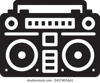 This image features a minimalist black and white silhouette of a classic boombox, highlighting the twin speakers, cassette player, and carrying handle. 