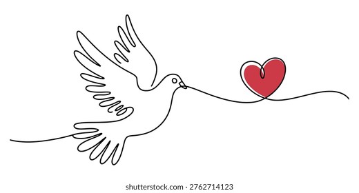 This image features a minimalist continuous line art style drawing of a dove in flight, with its beak attached to a string that leads to a small, vibrant red heart, symbolizing peace and love.
