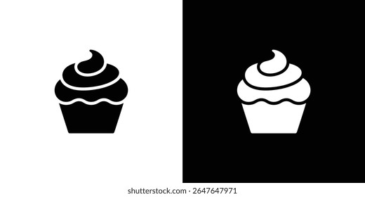 Esta imagem apresenta ícones de cupcake minimalistas em planos de fundo contrastantes. Um cupcake é preto em um fundo branco, enquanto o outro é branco em preto, destacando o design.
