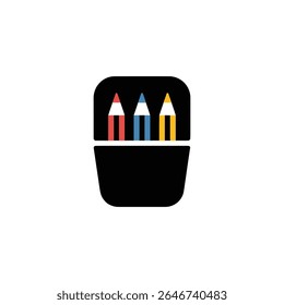 This image features a minimalist design showcasing three colored pencils—red, blue, and yellow—neatly arranged in a black container, set against a bright, clean background.