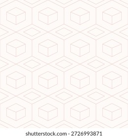 Dieses Bild zeigt ein minimalistisches geometrisches Muster, das aus sich wiederholenden isometrischen Würfeln besteht, die in einem sechseckigen und rautenförmigen Gitter verschachtelt sind. Das Design nutzt eine saubere, zarte Ästhetik mit weichen rosa Umrissen auf hellweißem oder cremefarbenem Hintergrund, sodass es sich ideal für moderne Tapeten, Textilien oder dekorative Fliesenbeläge eignet.