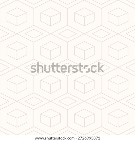 This image features a minimalist geometric pattern consisting of repeating isometric cubes nested within a hexagonal and diamond-shaped grid. The design uses a clean, delicate aesthetic with soft pink outlines on a pale off-white or cream background, making it ideal for modern wallpaper, textiles, or decorative tile surfacing.