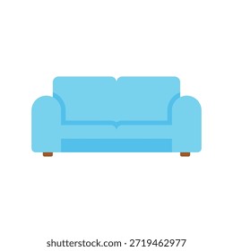 Esta imagem apresenta uma ilustração gráfica minimalista de um sofá azul sobre um fundo branco limpo. O sofá é retratado em um estilo simples e simples, enfatizando a simplicidade e a elegância. A ilustração provavelmente se destina ao uso em design, decoração ou como elemento visual em mídia digital.