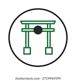 Esta imagem apresenta uma ilustração minimalista de um portão torii japonês fechado dentro de um círculo. O design enfatiza as linhas limpas e formas geométricas, criando uma representação moderna e simbólica