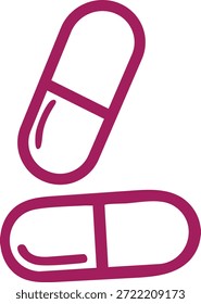 Dieses Bild zeigt eine minimalistische Illustration von zwei magentafarbenen Kapseln, die eine saubere und moderne pharmazeutische Ästhetik zeigen. Der unverwechselbare Silhouettenstil betont Form und Form. hochwertig, professionell, detailliert