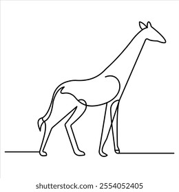 This image features a minimalist line drawing of a giraffe, perfect for coloring pages, children's activities, and craft projects. The clean black-and-white outline is suitable for educational resourc