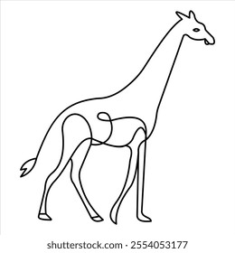 This image features a minimalist line drawing of a giraffe, perfect for coloring pages, children's activities, and craft projects. The clean black-and-white outline is suitable for educational resourc