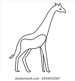 This image features a minimalist line drawing of a giraffe, perfect for coloring pages, children's activities, and craft projects. The clean black-and-white outline is suitable for educational resourc