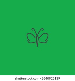 This image features a minimalist line drawing of a butterfly centered on a solid, vibrant green background.The butterfly is rendered in a single, dark grayish-purple or charcoal-colored line of unifo.