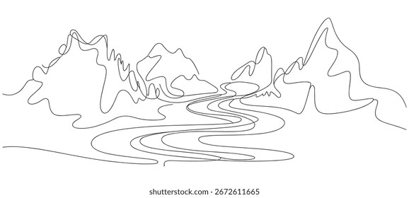 Esta Imagen presenta un dibujo minimalista de una cordillera con un río sinuoso que fluye a través de ella. Toda la escena se representa con una sola línea negra continua sobre un fondo blanco. 