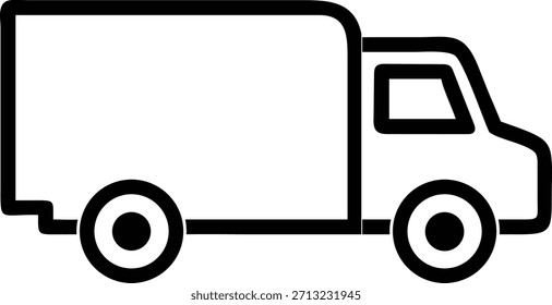 Dieses Bild zeigt eine minimalistische Darstellung eines Lieferwagens. Das Fahrzeug ist von einer Seitenprofilansicht aus dargestellt, wobei die beiden Hauptkomponenten hervorgehoben werden: das Führerstand und den dahinter liegenden großen Frachtkasten. Das Design verwendet dicke schwarze Linien, um die Kontur der LKW-Karosserie, Kabinenfenster und kreisförmige Räder auf einem stark weißen Hintergrund zu bilden. Dieses einfache, übersichtliche Symbol eignet sich für die Verwendung in Benutzeroberflächen, Infografiken oder als Symbol für Transport-, Versand- oder Logistikdienste.