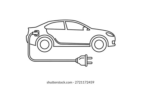 Esta Imagen presenta un dibujo de línea minimalista de un automóvil eléctrico conectado a un cable y enchufe de carga, que simboliza soluciones de transporte ecológicas. Ideal para ilustrar la sostenibilidad,