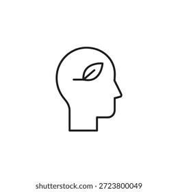This image features a minimalist line drawing of a human head in profile, with a leaf placed inside the head. The leaf symbolizes the integration of environmental consciousness and sustainable thinking within one's mind.