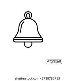 This image features a minimalist line drawing of a bell, characterized by its classic shape and a visible internal clapper. The design is clean and geometric, suitable for use in various graphic applications, icons, or educational materials. The bell is oriented vertically, with a small loop at the bottom for hanging.