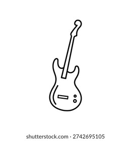 This image features a minimalist line drawing of an electric guitar. The guitar has a solid body with a pickguard, a single cutaway, and six strings extending to a headstock with tuning pegs. The neck is elongated, and the overall design is clean and stylized, making it easily recognizable as an electric guitar.