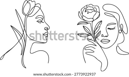 This image features a minimalist line art illustration of two women's faces in profile, one with a flower in her hair and the other holding a flower to her face, rendered in a simple yet elegant style