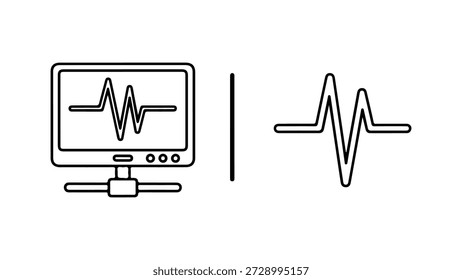 Esta imagem apresenta uma ilustração minimalista em estilo line-art. À esquerda, um monitor de computador é representado com um eletrocardiograma estilizado (ECG) ou ritmo cardíaco exibido em sua tela. Abaixo da tela, há três pequenos indicadores circulares. O monitor é suportado por um suporte. À direita do monitor, separado por uma linha vertical, está um ícone separado e independente que representa uma forma de onda de ritmo cardíaco semelhante. Ambos os elementos são renderizados em um simples contorno preto sobre um fundo branco, sugerindo um tema digital ou médico.