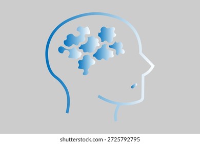 Esta Imagen presenta un perfil minimalista de una cabeza humana. Dentro del área que representa el cerebro, hay varias piezas de rompecabezas entrelazadas, parecidas a nubes.