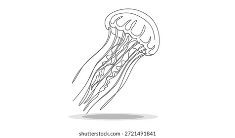 Esta Imagen presenta un dibujo minimalista de una sola línea de una medusa sobre un fondo blanco limpio. La obra de arte captura los tentáculos que fluyen de la medusa y la forma única con un estilo simple pero
