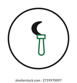Esta imagem apresenta uma representação minimalista e estilizada de uma ferramenta, possivelmente uma foice, apresentada dentro de um círculo. O design enfatiza a simplicidade, com linhas limpas e uma paleta de cores suaves, evocando um