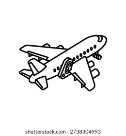 This image features a minimalist and stylized line drawing of an airplane with two propeller engines. The aircraft is depicted in a dynamic pose, angled slightly upward as if ascending or in motion, with clear details on the wings, tail, and engines. The drawing is rendered in black and white, giving it a simple yet expressive appearance.