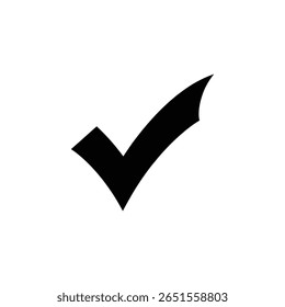 Esta imagem possui um símbolo de marca de seleção preto minimalista contra um fundo branco plano. Representa confirmação, escolha, contrato ou tarefa concluída.