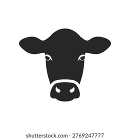 This image features a minimalistic black and white line drawing of a cow's head viewed from the front. The cow has large, curved ears, two eyes, a nose with two nostrils, and a simple outline for the snout. The design is clean and stylized, focusing on the essential features of the cow's face.