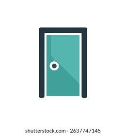 This image features a minimalistic illustration of a teal door with a dark frame and a simple white doorknob, isolated on a white background.