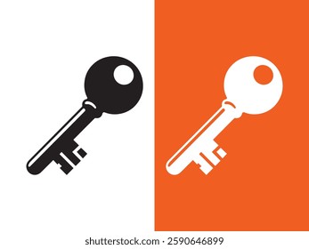 This image features a minimalistic key icon in a dual-tone design. The left side has a black key on a white background, while the right side shows a white key on an orange background.







