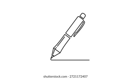 Esta imagem apresenta um desenho de linha minimalista de uma caneta, posicionado em um ângulo, com uma linha sutil indicando seu ponto tocando uma superfície. A ilustração enfatiza a simplicidade e a elegância,