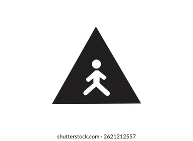 This image features a minimalistic, white pedestrian symbol centered inside a solid, black triangle on a transparent backdrop, embodying clarity and universal access.