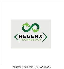 This image features a modern and eco-friendly logo for "REGENX TECHNOLOGY." The logo consists of a green infinity symbol made up of two arrows, representing sustainability, renewal, and continuous inn