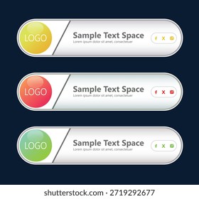This image features a modern graphic design with sample text space for branding and advertising purposes. The design includes three banners with different colored logos and social media icons, set against a dark blue background. The image is suitable for use in marketing materials, websites, and other digital platforms.