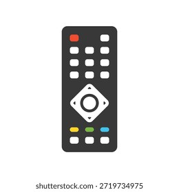 Esta imagem apresenta um controle remoto preto moderno e elegante com botões coloridos, definidos contra um fundo branco limpo. O controle remoto é um dispositivo comum usado para navegar e controlar vários sistemas eletrônicos de mídia e entretenimento, como televisores e dispositivos de streaming. Seu design é caracterizado por uma forma simples e funcional, com foco na facilidade de uso e na interface intuitiva.