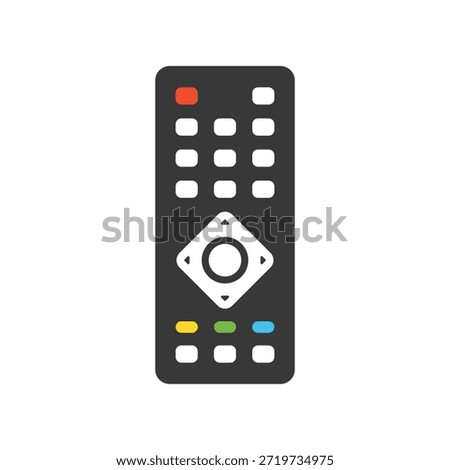 This image features a modern and sleek black remote control with colorful buttons, set against a clean white background. The remote control is a common device used for navigating and controlling various electronic media and entertainment systems, such as televisions and streaming devices. Its design is characterized by a simple and functional shape, with a focus on ease of use and intuitive interface.