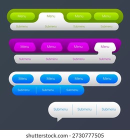 This image features a modern web UI template kit with menu and submenu navigation components in various color styles