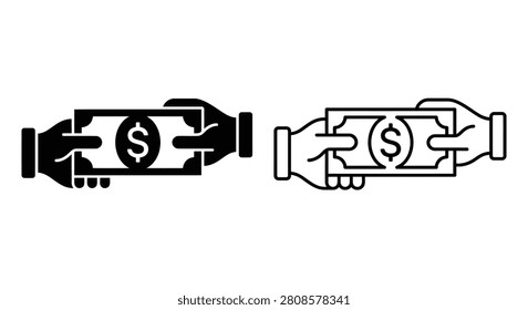 This image features a money transfer icon, depicted in a black and white line art style. The icon shows a hand delivering a dollar sign,