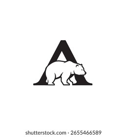 Esta Imagen presenta un escenario monocromo en el que una Grande "A" mayúscula en negro negrita es el telón de fondo de un oso blanco, evocando la naturaleza y la fuerza con un atractivo minimalista.