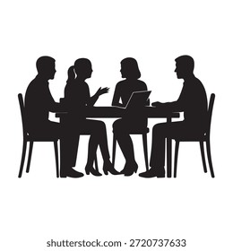 Esta Imagen presenta una ilustración de silueta monocromática que representa a cuatro individuos, dos hombres y dos mujeres, sentados alrededor de una mesa rectangular. Una de las mujeres tiene una computadora portátil abierta frente a ella, lo que sugiere una presentación o toma de notas. El grupo parece estar involucrado en una discusión dinámica o colaboración, con una mujer haciendo gestos, enfatizando la participación activa. El diseño minimalista destaca la esencia del trabajo en equipo, la comunicación y un entorno de trabajo corporativo, lo que lo hace adecuado para representar reuniones de negocios, sesiones de lluvia de ideas o discusiones de oficina.