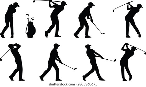 This image features multiple black silhouettes of a golf player in different stages of a golf swing set against a