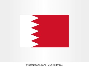 Esta imagem mostra a bandeira nacional do Bahrein, com seu distintivo design branco e vermelho com bordas irregulares, incorporando a identidade e a herança da nação.