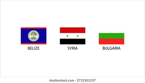 Esta Imagen presenta las banderas nacionales de Belice, Siria y Bulgaria, cada una con su nombre a continuación
