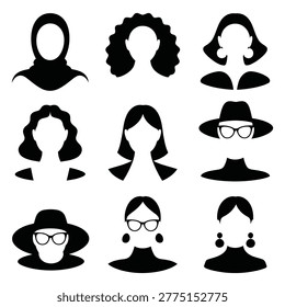 This image features nine black silhouette icons of women's heads and shoulders with different hairstyles and accessories on a pure white background, showcasing a range of styles and expressions in a s