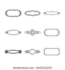 This image features nine different black and white frames and design elements, each with unique shapes and intricate, decorative patterns on a white background.