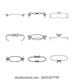 This image features nine different decorative frames and dividers, all adorned with bows, in a simple black and white line art style.
