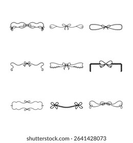 This image features nine different black and white dividers, each adorned with ribbons, bows, and decorative flourishes, on a clean white background.