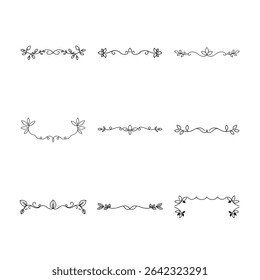 Esta imagem apresenta nove divisores florais únicos. Cada divisor é um delicado desenho de linha preta com folhas e vinhas girando.